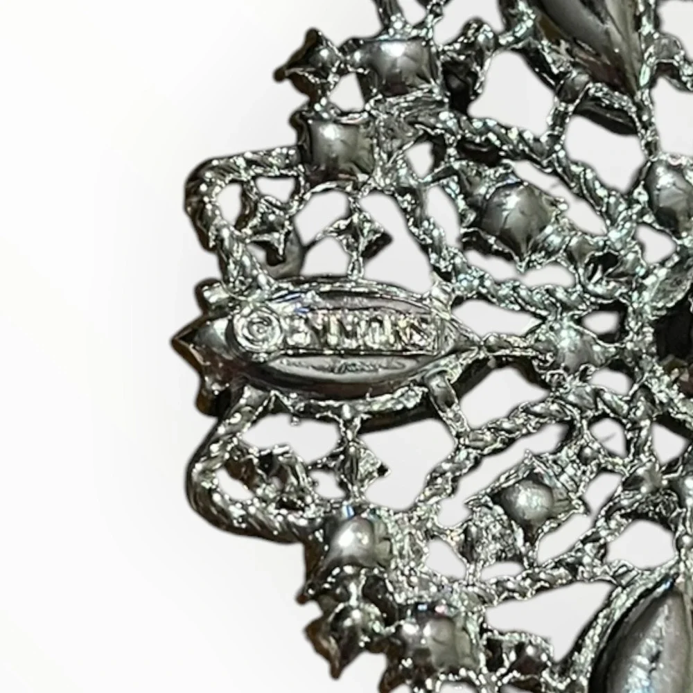 Vintage Emmons Silver Tone Aurora Borealis Black Rhinestone Filigree Brooch